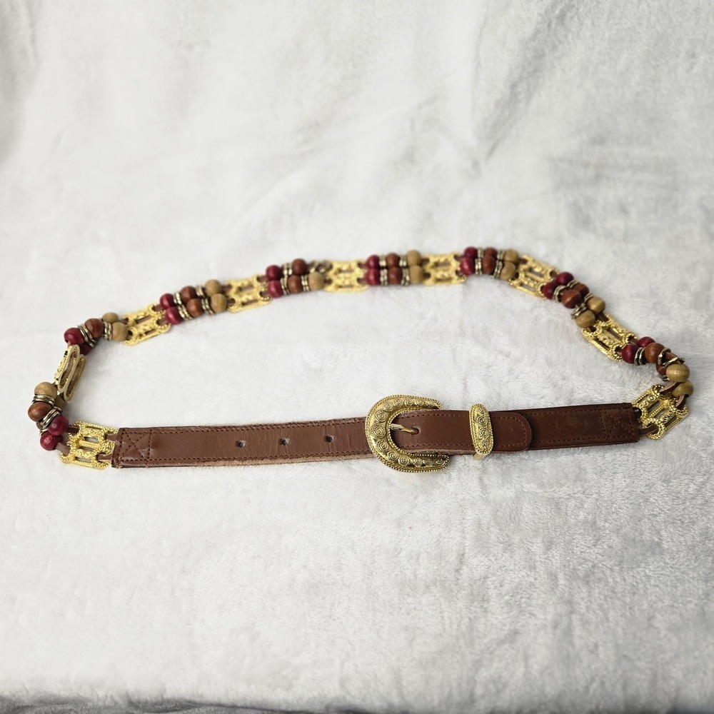 Vintage Express Brown Genuine Leather Wood Bead Gold Metal Link Belt Womens M